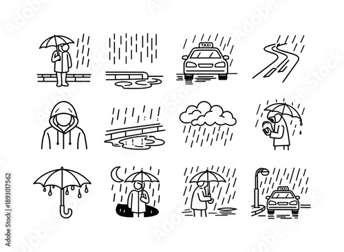 Rainy Taxi Icon Set. Rainy Taxi Wait. Line icon set of Rainy Taxi Wait: umbrella waiting person, rain drops lines, wet street curb, puddle reflection, coat