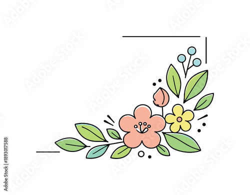 Floral Corner Elegance. Decorative floral corner ornament. Small floral composition designed for corners, with leaves softly spreading outward. Light framing