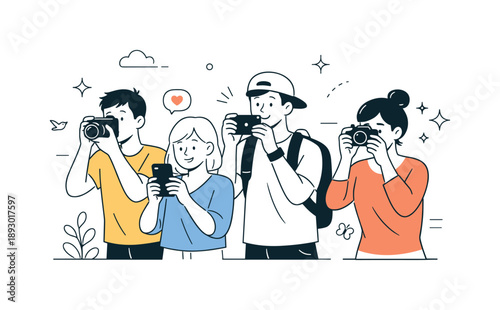 Capturing Moments Together. Taking pictures together. A group of people photographing surroundings, sharing attention and small reactions while looking through