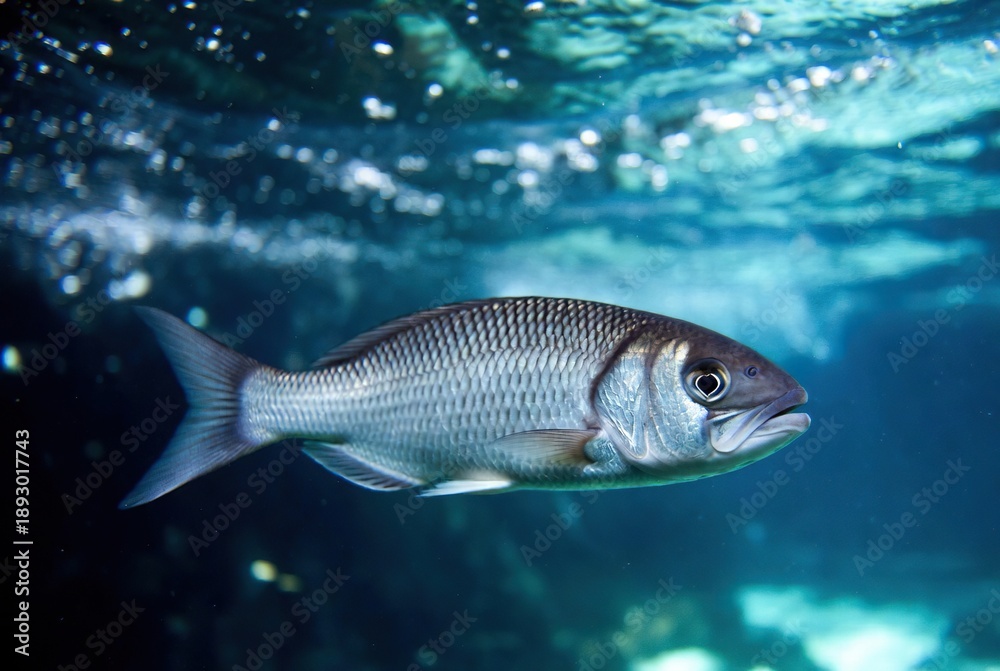 Naklejka premium A silver fish swims gracefully underwater in a clear aquatic environment