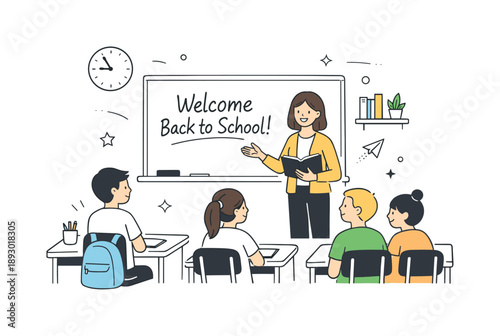 Welcoming Classroom Scene. Back to school classroom. A welcoming classroom scene with a teacher near the board and students taking their seats, suggesting the