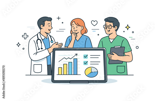 Healthcare Team Discussion. Medical staff collaboration. A small healthcare team discussing treatment results near a tablet with charts and checkmarks. Calm