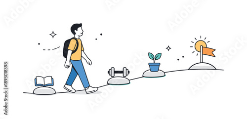 Path to Growth. The journey of self-improvement and personal development. A calm character walking along a simple path with small milestones, symbolizing