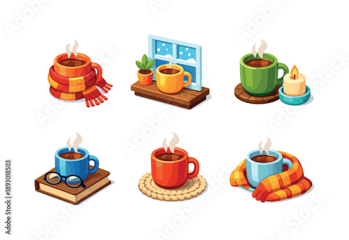 Cozy Tea Icons. Cozy tea. Isometric flat vector icons set of Cozy tea: mug wrapped in scarf, tea mug on window sill, relaxing tea mug with candle, warm tea