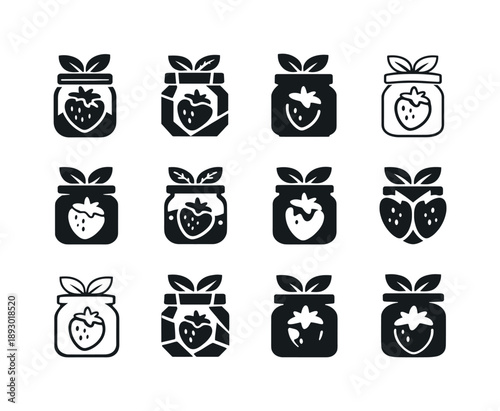 Jam Emblem Icons. Jam. Icon set. Set Logo of Jam: berry leaf emblem. harmonious logo variations of the same emblematic concept, each with different artistic