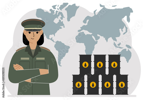 A woman in military uniform stands next to oil barrels. A world map is in the background. Flat vector illustration.