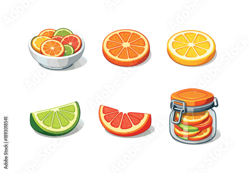 Dehydrated Fruit Icons. Dehydrated Fruit. Isometric flat vector icons set of dehydrated fruit: dried citrus mix bowl, translucent orange slice, thin lemon