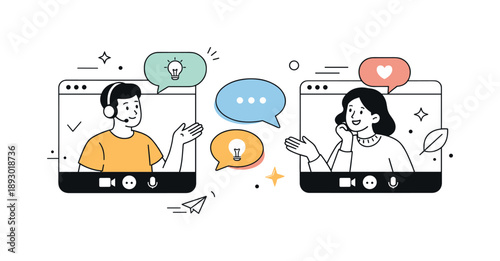 Virtual Connection Art. Virtual conversations. Two people talk through video call windows on screens, sharing ideas and emotions across distance. The scene