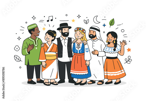 Joyful Cultural Gathering. Cultural celebration illustration. A group of people standing together in festive clothing, sharing smiles and gestures. Calm joyful