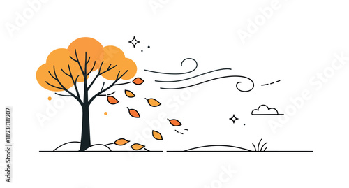 Autumn Minimalism. Seasonal minimalist scenes. An autumn scene with a single tree losing leaves, soft wind lines and falling shapes creating a quiet,