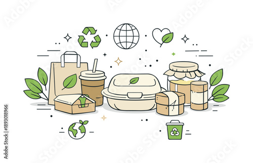 Eco Packaging Harmony. Eco packaging concept. Recyclable containers and wraps displayed with leaves and simple icons, showing harmony between product and
