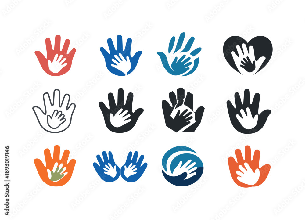 Fototapeta premium Parent-Child Icon Set. Parent-child connection. Icon set. Set Logo of parent-child connection: joined handprints. harmonious logo variations of the same