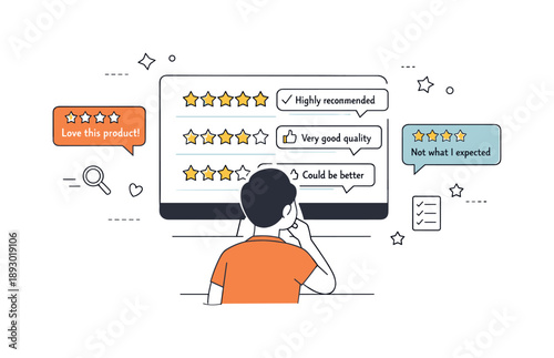 Product Review Analysis. Product reviews overview. A person reading and comparing product ratings on a screen with stars and short comments floating nearby.