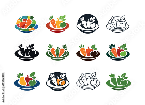 Seasonal Cooking Icon Set. Cooking with seasonal ingredients. Icon set. Set Logo of Cooking with seasonal ingredients: plate with seasonal harvest arrangement.