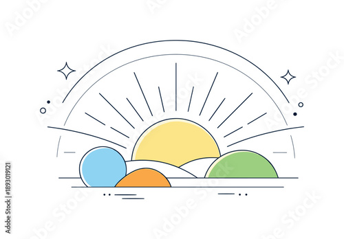 Radiant Light Abstraction. Abstract return of light. Sun rays, arcs, and soft geometric shapes expanding outward in a clean composition. Modern metaphor for