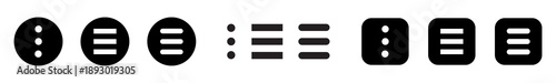 Hamburger menu icon. More options dots symbol. Kebab and meatball menu buttons. UI navigation icons set useful for app interface, mobile UI, web dashboard and software design