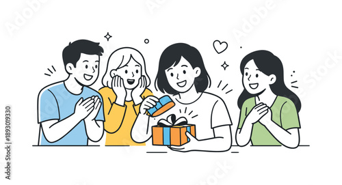 Gift Exchange Surprise. Friends exchanging gifts surprise. One friend opening a present while others watch with excitement. Pleasant surprise and emotional