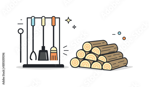 Minimalist Fireplace Tools. Minimal fireplace tools. Simple tools positioned beside stacked firewood. Calm seasonal composition highlighting functionality and