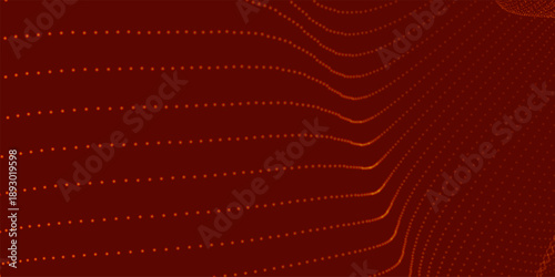 An abstract vector background with a dynamic wave. Streams of red-orange dots form smooth waves against a dark background. The radiating light creates a sense of depth and elegance. A futuristic 3D