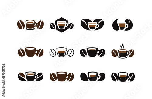 Espresso Icon Collection. Espresso shots. Icon set. Set Logo of espresso shots: coffee bean and cup. harmonious logo variations of the same emblematic concept,