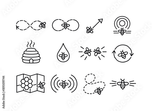 Bee Communication Icons. How bees make honey. Line icon set of bee communication: waggle dance path, figure-eight dance, direction arrow, distance symbol, hive
