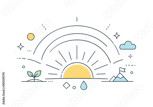 Radiant Light Abstraction. Abstract return of light. Sun rays, arcs, and soft geometric shapes expanding outward in a clean composition. Modern metaphor for