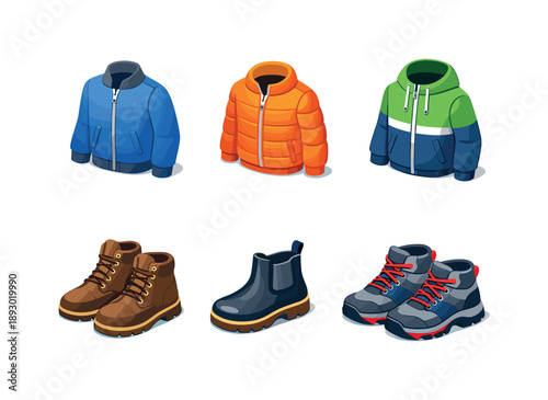 Stylish Outerwear Icons. Light jacket & boots set. Isometric flat vector icons set of light jacket & boots set: casual zip jacket, light puffer jacket,
