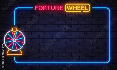 Neon fortune wheel glowing against a brick background with framed border. Lucky game atmosphere ideal for casino visuals, contests, or promo materials.