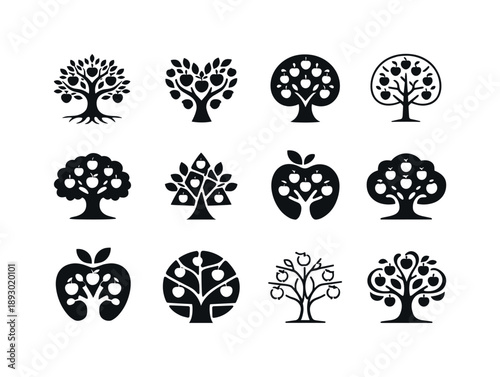 Apple Tree Logos. Apple tree. Icon set. Set Logo of apple tree: orchard fruit emblem. harmonious logo variations of the same emblematic concept, each with