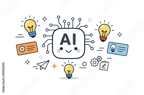 AI Inspiration Scene. Artificial intelligence innovation. AI symbol generating ideas and solutions, lightbulbs and cards floating nearby. Mood of progress,