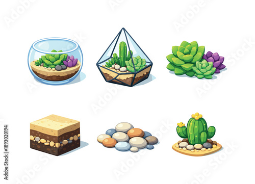 Succulent Terrarium Icons. Succulent terrarium glass. Isometric flat vector icons set of succulent terrarium glass: glass terrarium bowl, geometric glass