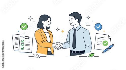 Successful Business Agreement. Business negotiation. Two people shaking hands after agreement, documents and checkmarks nearby. Mood of trust, success, and