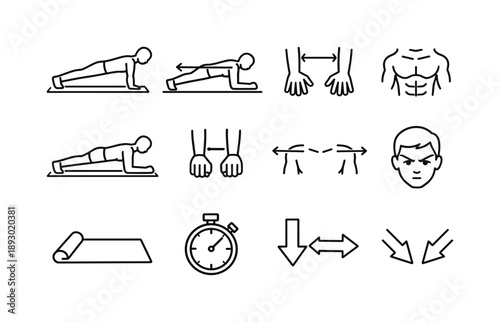 Plank Exercise Icons. Plank Exercise Pose. Line icon set of Plank Exercise Pose: plank position person, straight back alignment, extended arms, flat torso,