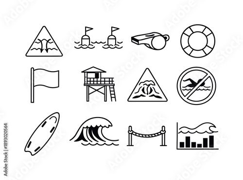 Beach Safety Icons. Riptides. Line icon set of beach safety indicators: danger sign, swim zone marker, lifeguard whistle, lifebuoy ring, emergency flag,