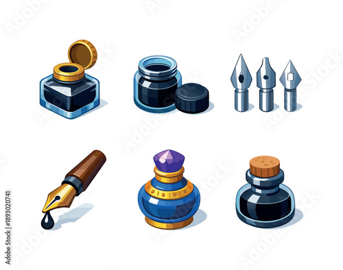 Colorful Ink Tools. Inkwell and nibs. Isometric flat vector icons set of inkwell and nibs: vintage inkwell, open ink jar, replacement metal nibs, pen nib with