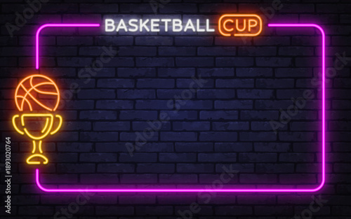 Neon Basketball Cup sign with trophy and ball highlights competition spirit. Bright colors suit championships, awards, and sport marketing visuals.