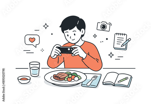 Food Photography Moment. Food blogging lifestyle. A person photographing a plated meal with a smartphone on a clean table, capturing a calm moment of content