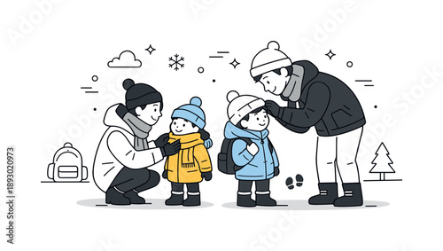 Winter Family Prep. Parents dressing kids ready to go. Family standing fully dressed in winter clothes, parents checking one last detail. Readiness, care and