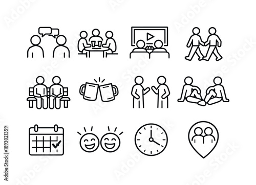Hanging Out Icons. Hanging Out. Line icon set of Hanging Out: friends chatting, shared meal, movie night icon, walking together, sitting on bench, coffee mugs