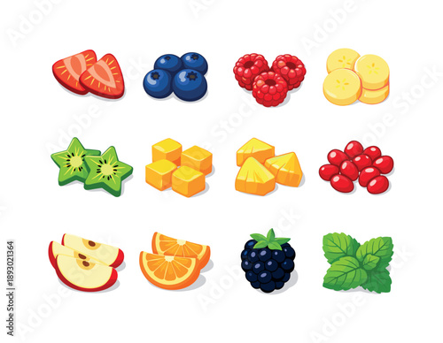 Colorful Fruit Toppings. Fruit toppings. Colorful flat vector icons set of fruit toppings: strawberry slices, blueberries, raspberries, banana coins, kiwi