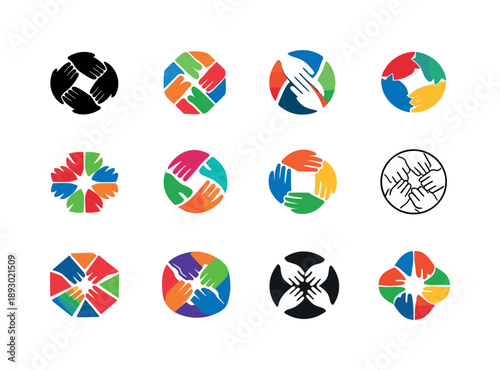 Unity Emblem Variations. Diversity and inclusion. Icon set. Set Logo of diversity and inclusion: unity hands together. harmonious logo variations of the same