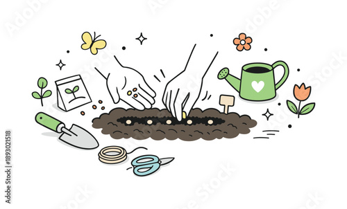 Spring Gardening Preparation. Spring gardening prep illustration. Person?s hands planting seeds into freshly prepared soil, surrounded by light floral icons