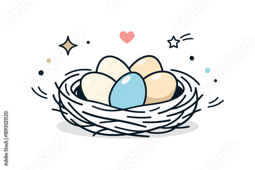 Cozy Bird Nest. Nest with Eggs. Cozy bird nest made of soft twigs holding a few eggs, carefully arranged in the center. Calm springtime mood expressing care