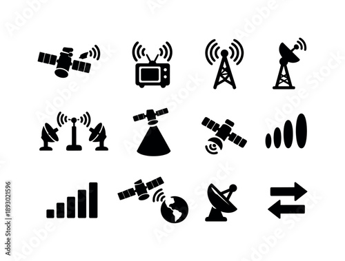 Telecommunication Satellites Icons. Telecommunication Satellites. Solid icon set of Telecommunication Satellites: broadcast satellite, tv signal waves, radio
