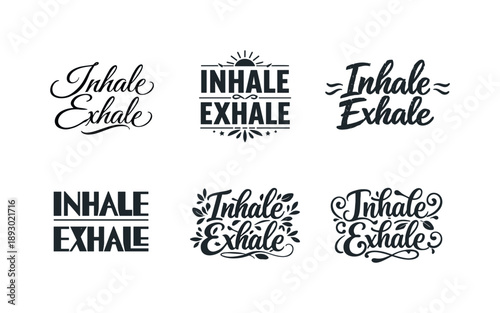 Diverse Lettering Grid. Inhale Exhale. Set lettering. harmonious lettering variations of the same emblematic concept, each with different artistic