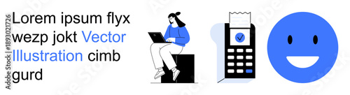 Digital finance, online transactions, remote work, positive feedback, e-commerce, mobile payments. Woman using a laptop, happy face payment terminal with receipt. Remote work and digital finance