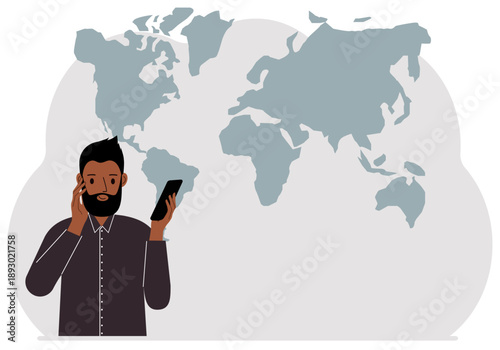 A man trying to make a call on a mobile phone against a world map. Flat vector illustration.