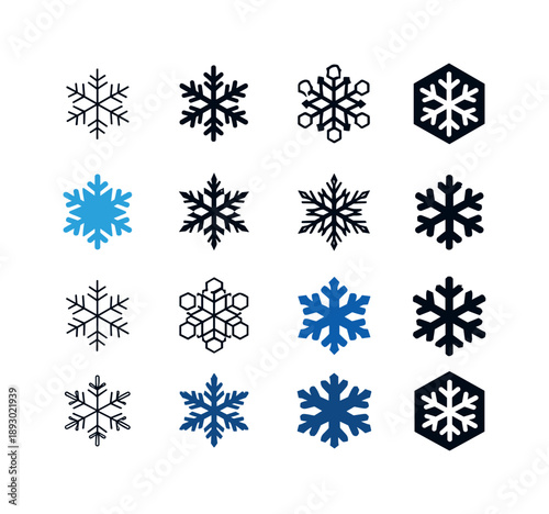 Snowflake Emblem Variations. Snowflake formation. Icon set. Set Logo of snowflake formation: crystalline snowflake structure. harmonious logo variations of the