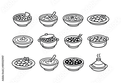 International Bean Icons. International Bean Dishes. Line icon set of International Bean Dishes: Mexican beans, Indian dal, Italian bean soup, Greek gigantes,
