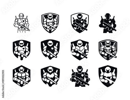 AI Security Icons. AI security patrols. Icon set. Set Logo of AI security patrols: humanoid robot guard standing alert. harmonious logo variations of the same